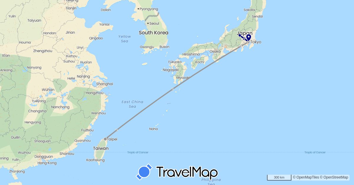 TravelMap itinerary: driving, plane in Japan, Taiwan (Asia)